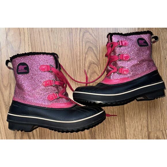 Sorel Tivoli Insulated Winter Boots Pink Sparkle Youth Size 6 Girls Waterproof - Picture 1 of 10